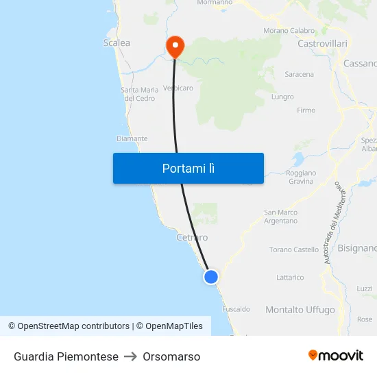 Guardia Piemontese to Orsomarso map