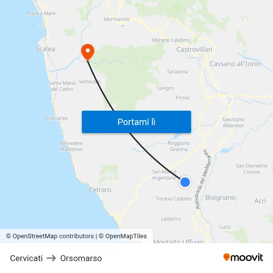 Cervicati to Orsomarso map