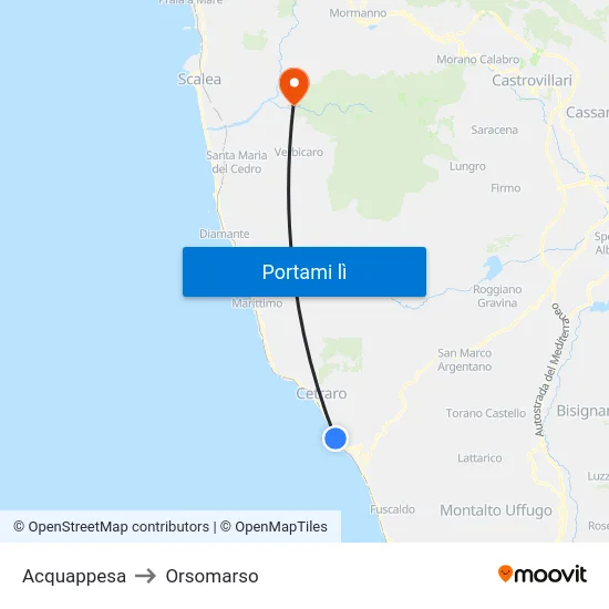 Acquappesa to Orsomarso map