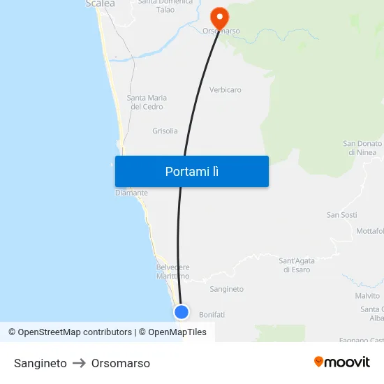 Sangineto to Orsomarso map