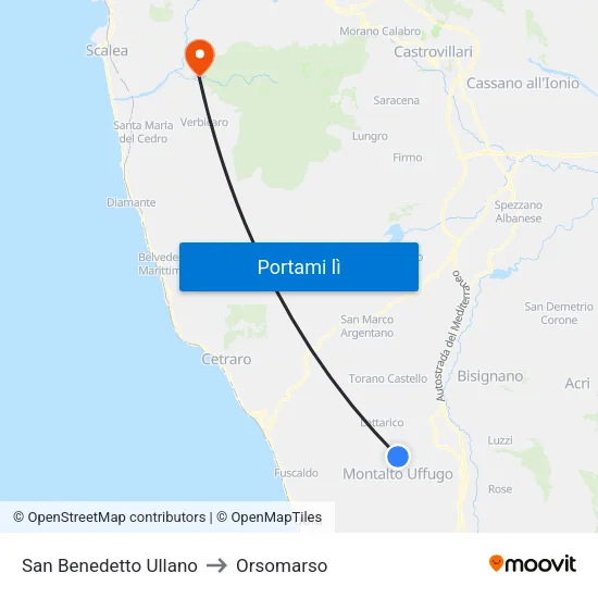 San Benedetto Ullano to Orsomarso map