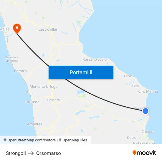 Strongoli to Orsomarso map