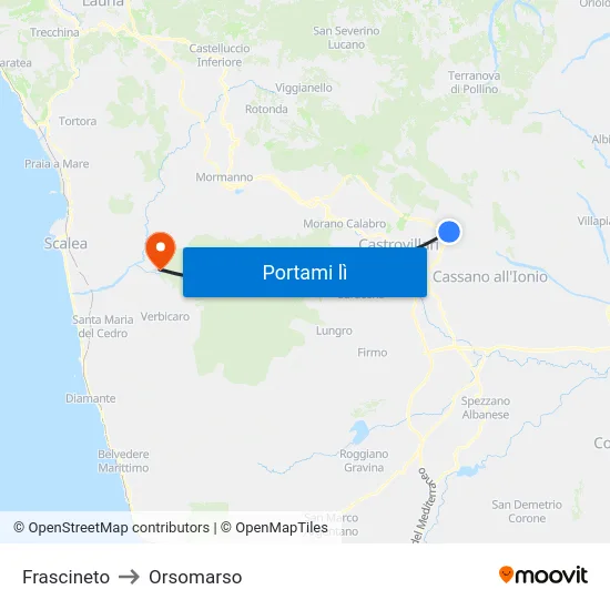 Frascineto to Orsomarso map