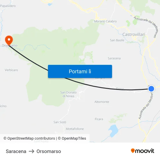 Saracena to Orsomarso map