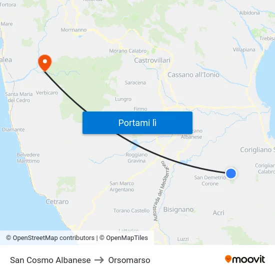 San Cosmo Albanese to Orsomarso map