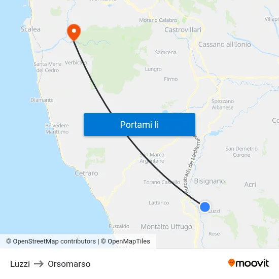 Luzzi to Orsomarso map