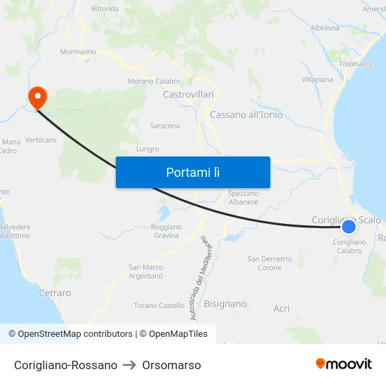 Corigliano-Rossano to Orsomarso map