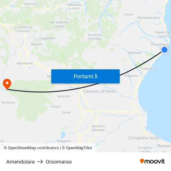 Amendolara to Orsomarso map