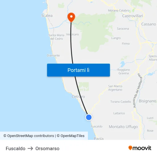 Fuscaldo to Orsomarso map