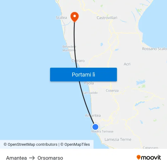 Amantea to Orsomarso map