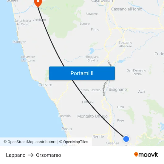 Lappano to Orsomarso map