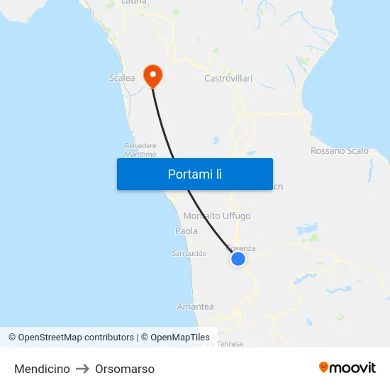 Mendicino to Orsomarso map