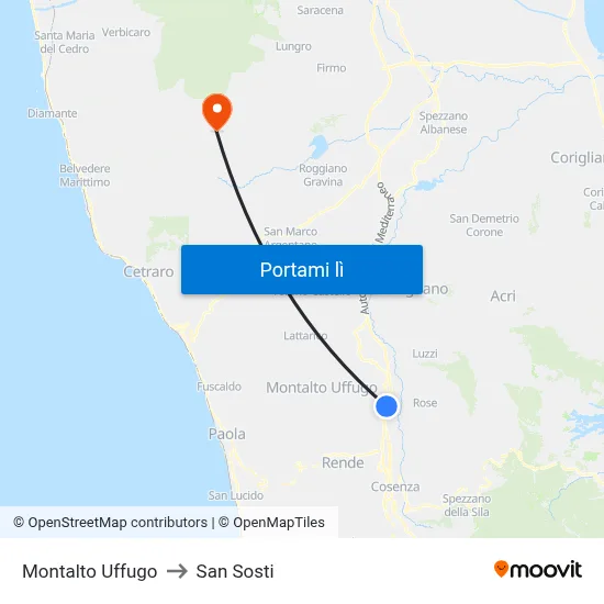 Montalto Uffugo to San Sosti map