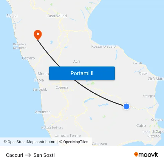 Caccuri to San Sosti map