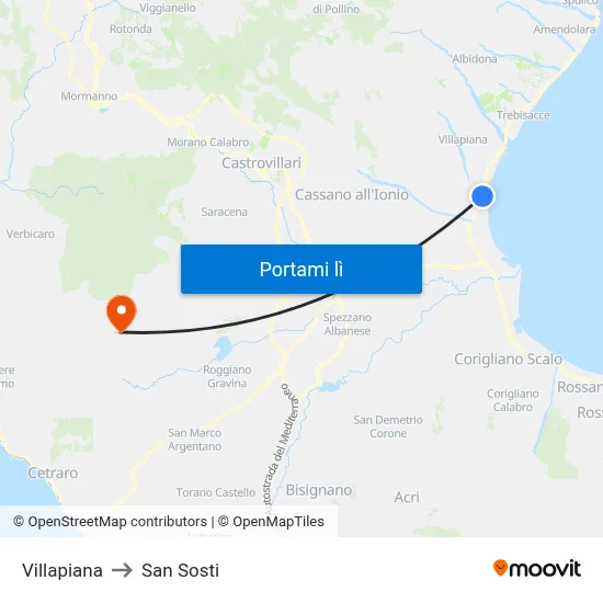 Villapiana to San Sosti map
