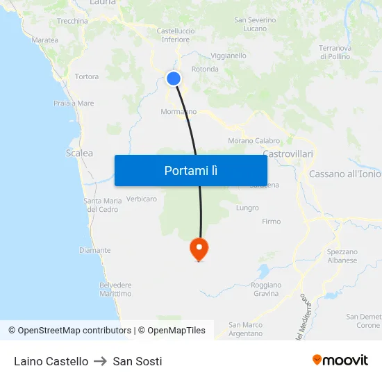 Laino Castello to San Sosti map
