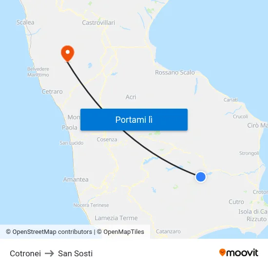 Cotronei to San Sosti map