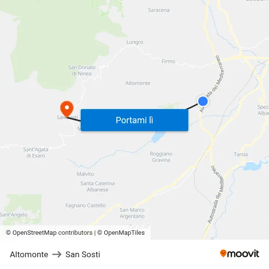 Altomonte to San Sosti map