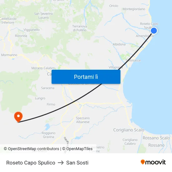 Roseto Capo Spulico to San Sosti map
