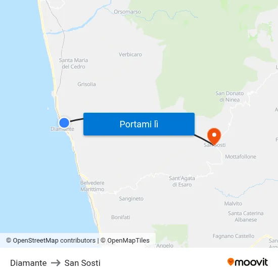 Diamante to San Sosti map