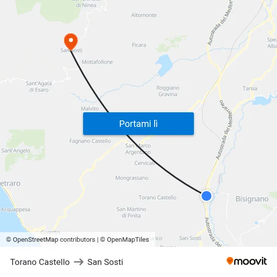 Torano Castello to San Sosti map