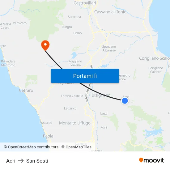Acri to San Sosti map