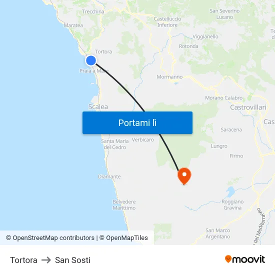 Tortora to San Sosti map