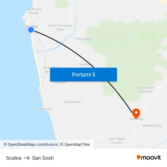 Scalea to San Sosti map