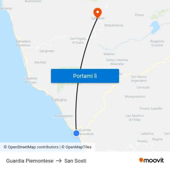 Guardia Piemontese to San Sosti map
