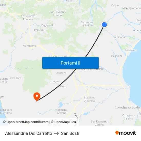 Alessandria Del Carretto to San Sosti map