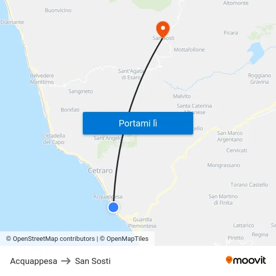 Acquappesa to San Sosti map