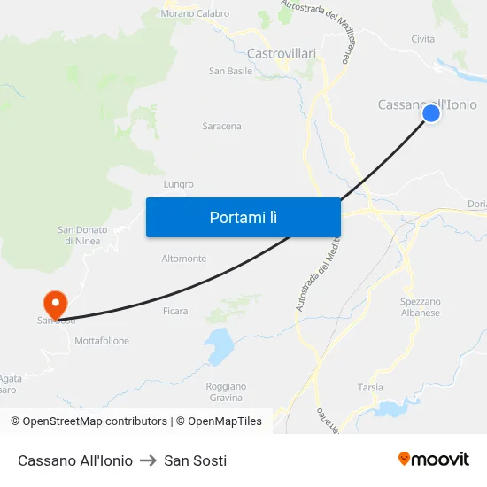 Cassano All'Ionio to San Sosti map