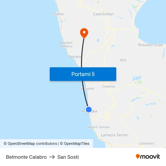 Belmonte Calabro to San Sosti map