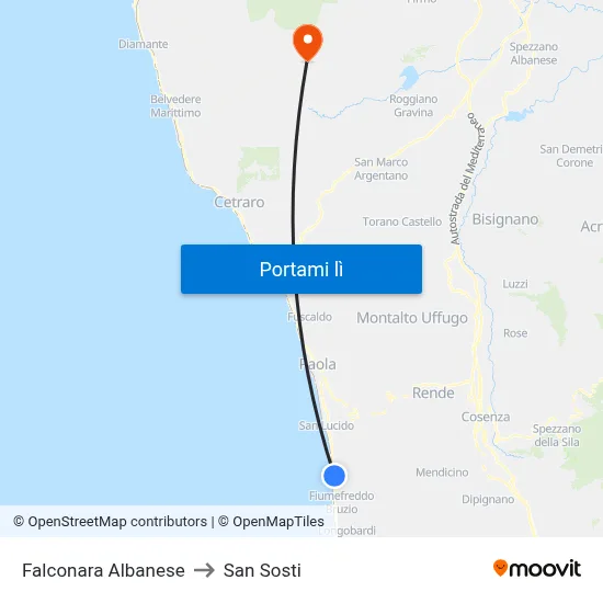 Falconara Albanese to San Sosti map