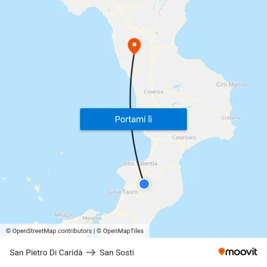 San Pietro Di Caridà to San Sosti map