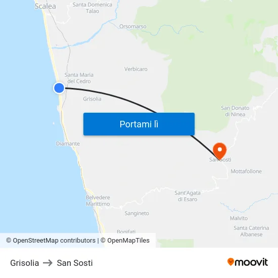 Grisolia to San Sosti map