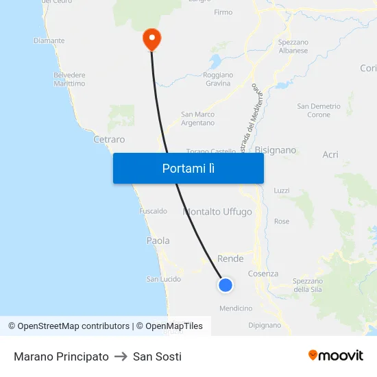 Marano Principato to San Sosti map