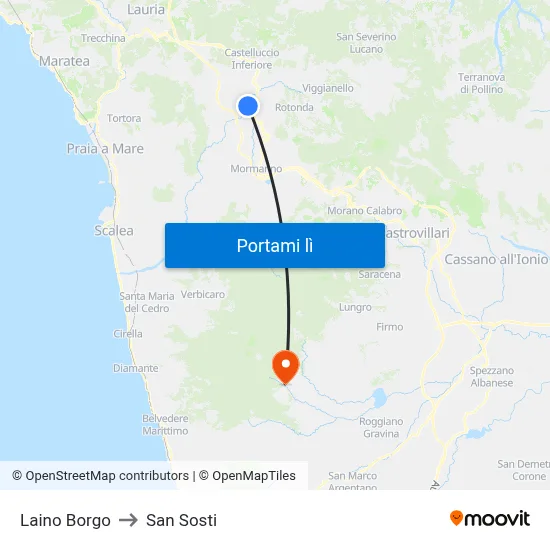 Laino Borgo to San Sosti map