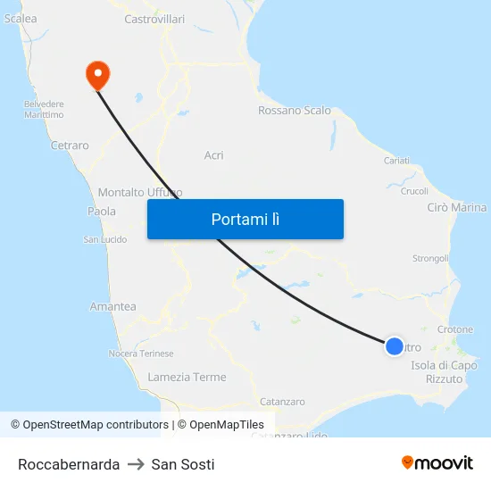 Roccabernarda to San Sosti map