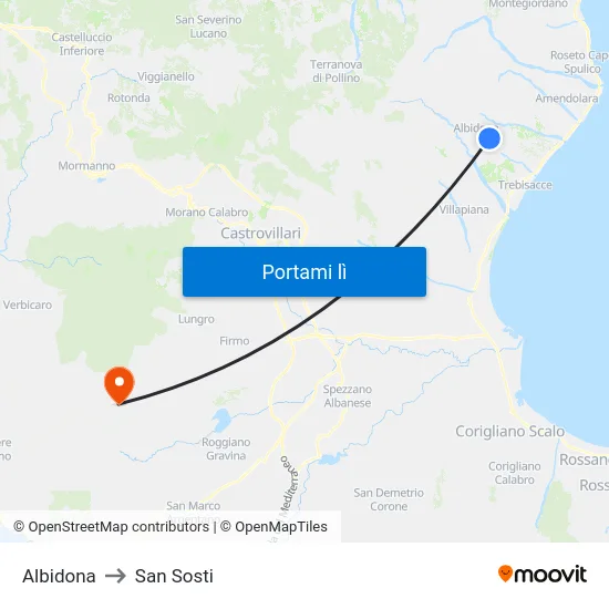 Albidona to San Sosti map