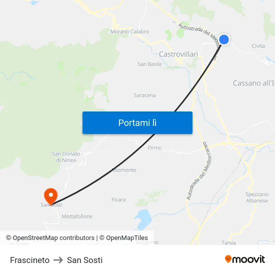Frascineto to San Sosti map