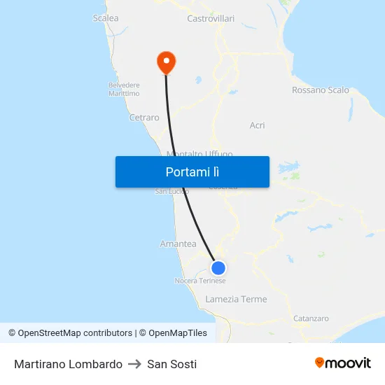 Martirano Lombardo to San Sosti map