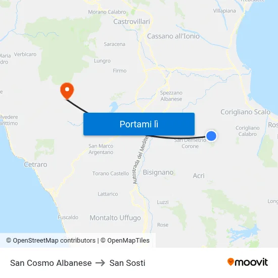 San Cosmo Albanese to San Sosti map