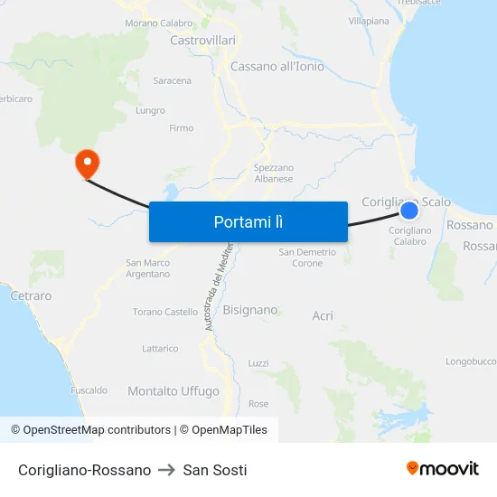 Corigliano-Rossano to San Sosti map