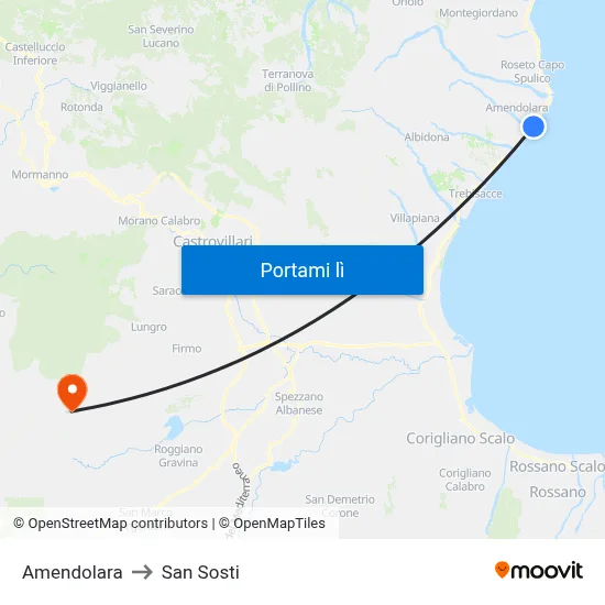 Amendolara to San Sosti map