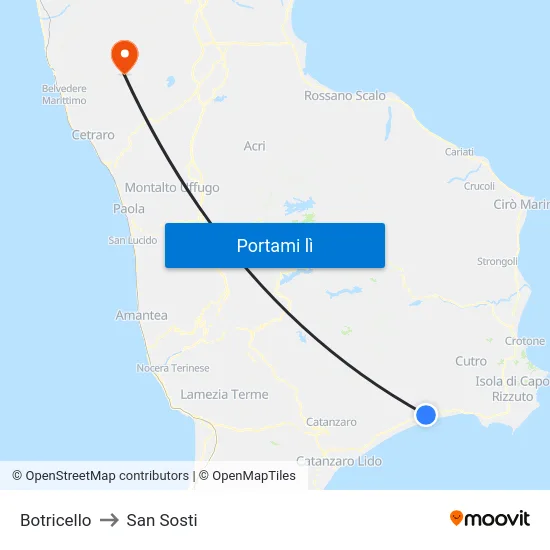 Botricello to San Sosti map