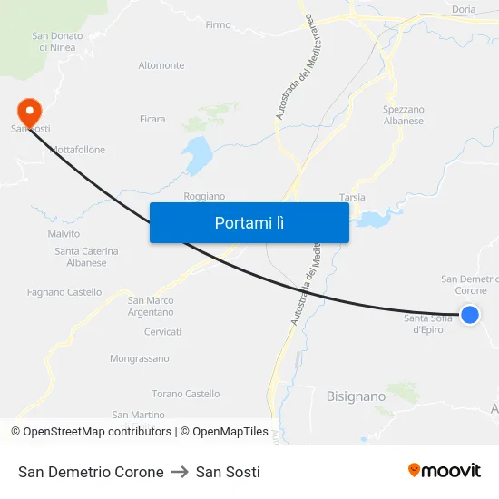San Demetrio Corone to San Sosti map