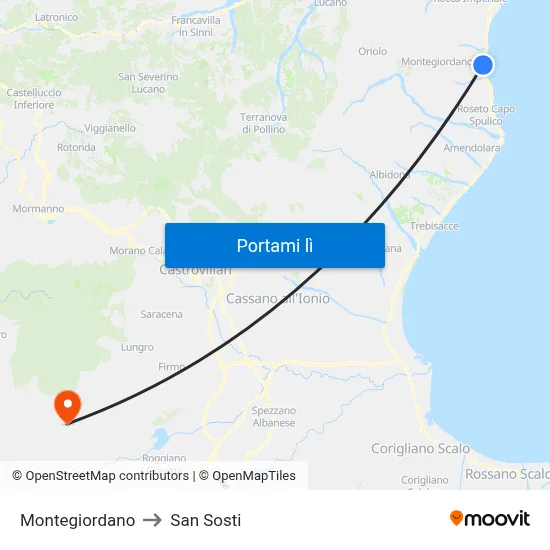Montegiordano to San Sosti map