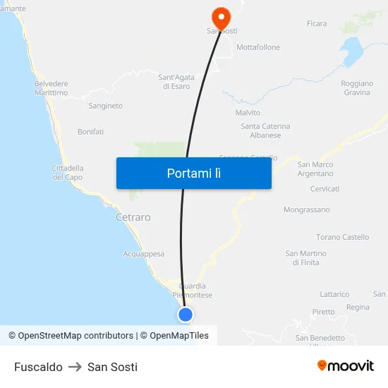 Fuscaldo to San Sosti map
