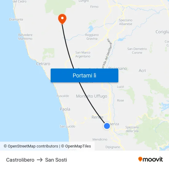 Castrolibero to San Sosti map